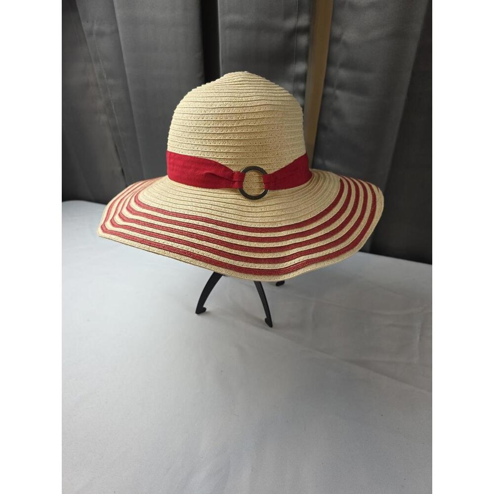 Women's Sun Hat Natural Woven Straw-Look Red Accents Wide Brim Beachy Classy EUC